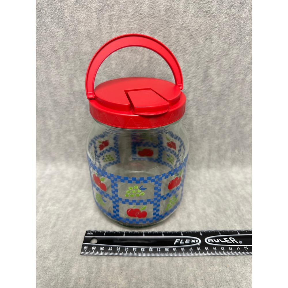 Vintage‎ Glass Jar Red Fruit Gingham Pattern Handle Flip Lid